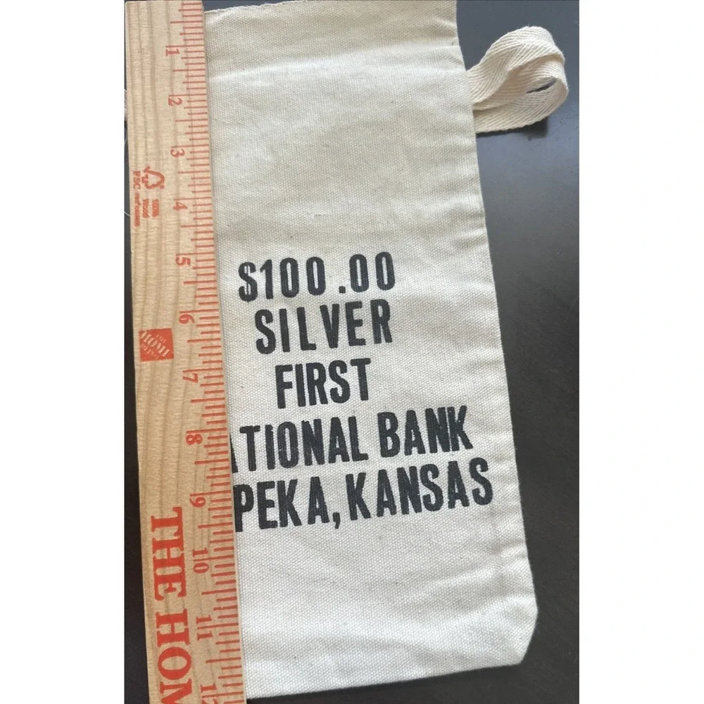 2 Vintage Bank $100 Silver First National Bank Topeka Kansas Canvas Money Sack